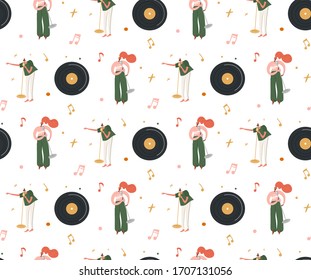 Music festival flat vector seamless pattern. Music fest, pattern of live music translation. Seamless pattern with singers on the topic of online concert. 