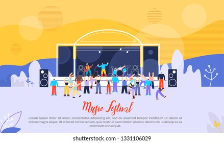 Music Festival Flat Vector Web Banner, Landing Page Template with Performing Rock Band, Musicians Playing Musical Compositions and Singing, Fans Having Fun and Dancing at Open Air Stage Illustration