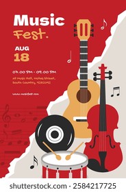 Music festival flyer poster with musical instrument guitar, cello, snare. Design music event templates.