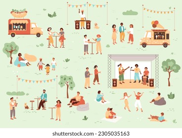 Music festival, food truck, people resting in public park, drinking and communicate. Band plays on stage, female listening to saxophonist, dj waves hand. Summer weekend concept. Vector illustration.