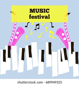 Music festival. Funny cartoon colorful poster or flyer. Vector line hand drawn illustration.