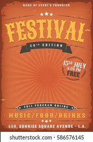 Music Festival Grunge Poster/
Illustration of a vintage old elegant music festival poster template, yellow and red colored with western style and grunge texture