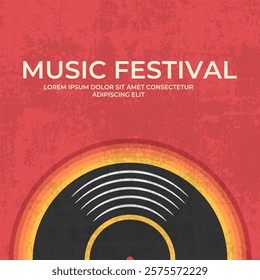 Music festival grunge retro background design with vinyl record emblem. Music festival poster. Vector illustration