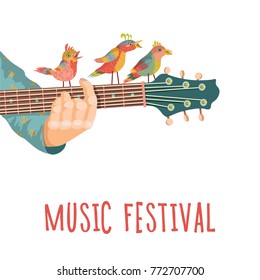 Music festival. Guitar with birds. Colorful music background. Vector illustration