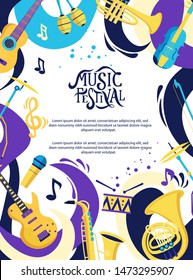 Cartel vector del festival musical. Letrado a mano. Invitación al concierto de jazz, tarjeta de saludo, plantilla de diseño de fiesta. Folleto publicitario de rendimiento. Ilustración de estilo saxofón, guitarra, tambor y plano. 