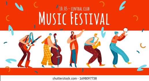 Music Festival, Hippie People Character, Flat Vector Illustration. Boho Style, Male, Female With Guitar, Viola, Trumpet. Advertisement Flyer, Music Indie Concert, Performance Of Musician.