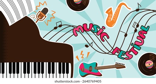 Music Festival horizontal banner with piano, vinyl record, guitar, saxophone, microphone, musical notation. Blue, pink, orange and brown colors. Pop art style background. Vector cartoon illustration.