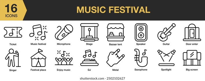 Music Festival icon set. Includes bazar tent, big screen, spotlight, stage, guitar, singer, and More. Outline icons vector collection.