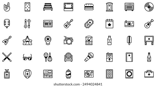 Music Festival Icons collection is a vector illustration with editable stroke, offering versatility and customization. Perfect for various design needs, it includes high-quality graphics.