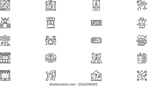 Ícones de festival de música Coleção de ícones vetoriais de alta qualidade com traço editável. Ideal para projetos profissionais e criativos.
