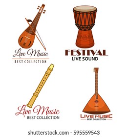 Music festival icons or vector emblems of live concert. Musical instruments balalaika, flute or reed pipe, djembe or jembe goblet drum, lute and biwa or gadulka fiddle for ethnic or folk music fest