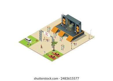 Music Festival Illustration Concept 3d Isometric View of Party Elements, camper van, bus. Concert Background and Stage Landscape. Musical Event vector illustration