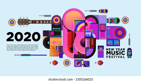 Diseño de Ilustración del Festival de Música para la fiesta y evento de Año Nuevo 2020. Vector Illustración Collage de fondo del Festival de Música y fondos de pantalla en los pasos 10.