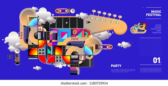 Music Festival Illustration Design for Party and Event. Vector Illustration Collage of Music for Background and Wallpaper in eps 10.