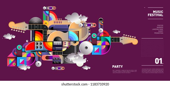 Music Festival Illustration Design for Party and Event. Vector Illustration Collage of Music for Background and Wallpaper in eps 10.