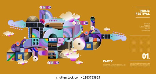 Music Festival Illustration Design for Party and Event. Vector Illustration Collage of Music for Background and Wallpaper in eps 10.