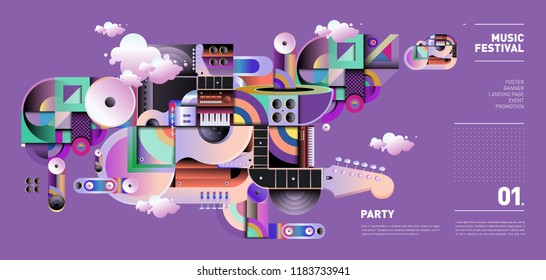 Music Festival Illustration Design for Party and Event. Vector Illustration Collage of Music for Background and Wallpaper in eps 10.