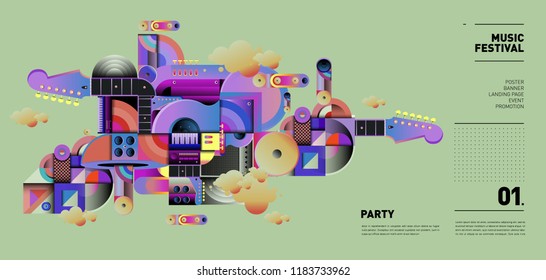 Music Festival Illustration Design for Party and Event. Vector Illustration Collage of Music for Background and Wallpaper in eps 10.