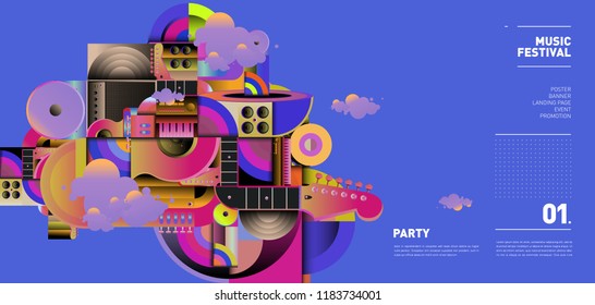 Music Festival Illustration Design for Party and Event. Vector Illustration Collage of Music for Background and Wallpaper in eps 10.