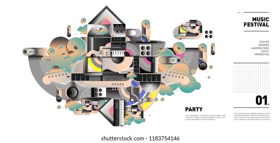 Music Festival Illustration Design for Party and Event. Vector Illustration Collage of Music for Background and Wallpaper in eps 10.