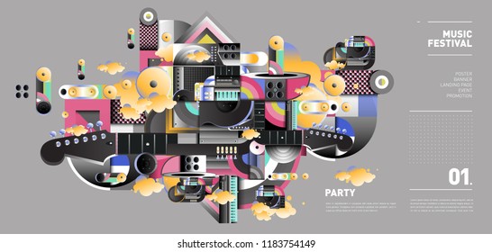 Music Festival Illustration Design for Party and Event. Vector Illustration Collage of Music for Background and Wallpaper in eps 10.