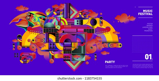 Music Festival Illustration Design for Party and Event. Vector Illustration Collage of Music for Background and Wallpaper in eps 10.