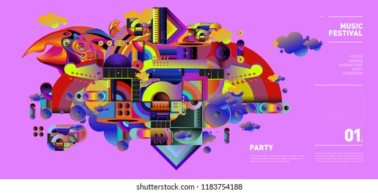 Music Festival Illustration Design for Party and Event. Vector Illustration Collage of Music for Background and Wallpaper in eps 10.
