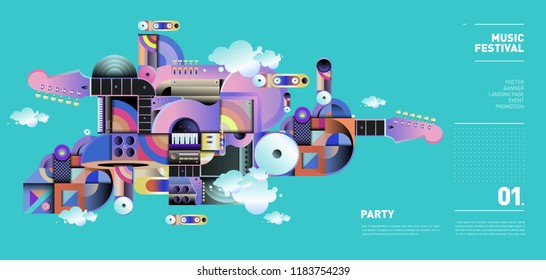 Music Festival Illustration Design for Party and Event. Vector Illustration Collage of Music for Background and Wallpaper in eps 10.