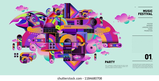 Music Festival Illustration Design for Party and Event. Vector Illustration Collage of Music for Background and Wallpaper in eps 10.
