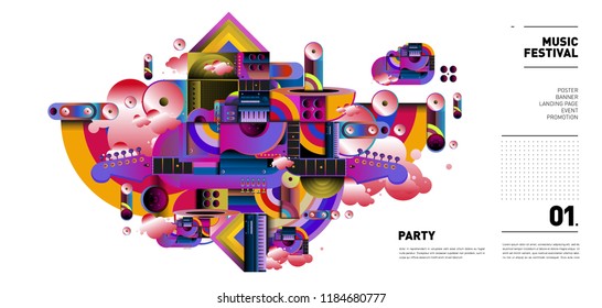 Music Festival Illustration Design for Party and Event. Vector Illustration Collage of Music for Background and Wallpaper in eps 10.