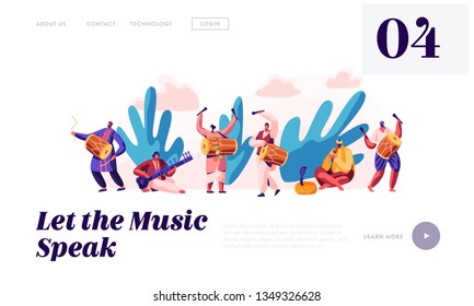 Music Festival in India Landing Page. Musician Playing Musical Instrument Dhol, Drum, Flute and Sitar at National Instrumental Ceremony in Asia Website or Web Page. Flat Cartoon Vector Illustration