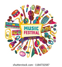 Music festival. Music instruments. Colorful music background. Vector illustration
