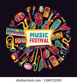 Music festival. Music instruments. Colorful music background. Vector illustration