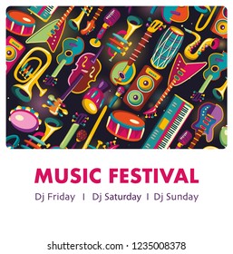 Music festival. Music instruments. Colorful music background. Vector illustration