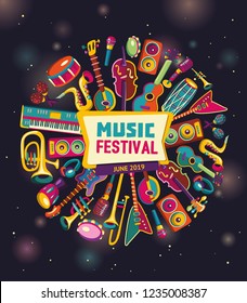 Music festival. Music instruments. Colorful music background. Vector illustration