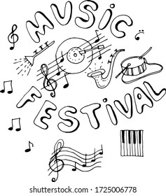 music festival instruments vector illustration hand-drawn doodle sketch separately on a white background lettering notes piano keys piano pipe drum treble clef