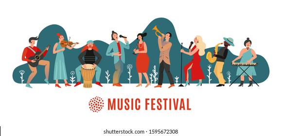 Music festival. International concert, musical event banner. Musicians with instruments, open air party poster. Vector festive background