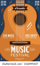 Music festival invitation, closeup of acoustic guitar, live music concert. Vector stringed instrument and bands audition, play on professional guitar. Ethnic music concert, note signs and party date