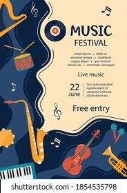 Music festival invitation. Musical flyer, poster template. Musical instruments and vinyl record. Guitar, synthesizer, violin, cello, drum, cymbals, saxophone tambourine harp Vector illustration