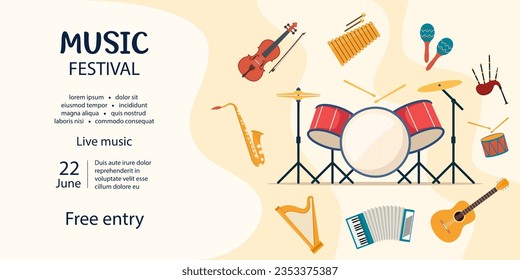 Music festival invitation. Musical instruments. Guitar, violin, harp, dulcimer, maracas, guitar drum kit bagpipes saxophone Vector illustration