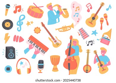 Music festival isolated objects set. Collection of musicians play saxophone, guitar, double bass, gramophone, microphone, headphones, play music. Vector illustration of design elements in flat cartoon