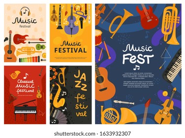 Music festival. Jazz concert, musical instruments poster design. Guitar and piano, saxophone background. Vector open air song event flyers