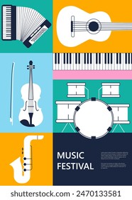 Music festival. Jazz concert, musical geometric poster. Vector flyers for songs and music events.