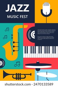 Musikfestival. Jazz-Konzert, musikalisches geometrisches Plakat. Vektorgrafik Flyer für Songs und Musikveranstaltungen.