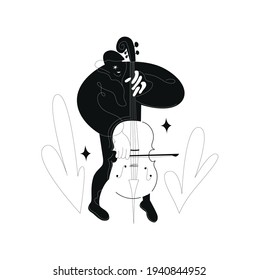 Music festival jazz musician.Cello and violin hand drawn abstract.Poster silhouette simple minimalistic vector.Player instrument concert.Sketch vintage line.Flat modern style.Party and event print.