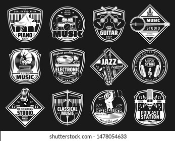 Music festival, karaoke bar and recording studio label signs. Vector podcast radio station, retro music instruments shop, electronic music DJ sound equipment and jazz band concert icons