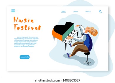 Music festival landing page template. Composer playing instrument, improvisation performance. Classical music concert, jazz, blues music contest. Pianist flat vector retro illustration