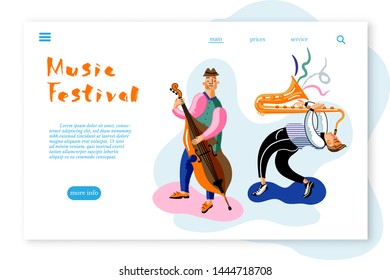 Music Festival landing page template. Musicians flat vector characters set. Band, orchestra performance, concert. Saxophone and double bass cartoon players pack. Live music festival retro image.