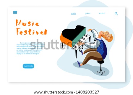 Music festival landing page template. Composer playing instrument, improvisation performance. Classical music concert, jazz, blues music contest. Pianist flat vector retro illustration