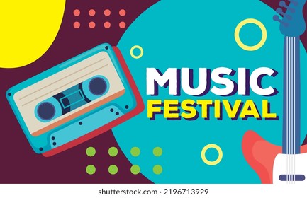 music festival lettering with guitar and cassete - Shutterstock ID 2196713929